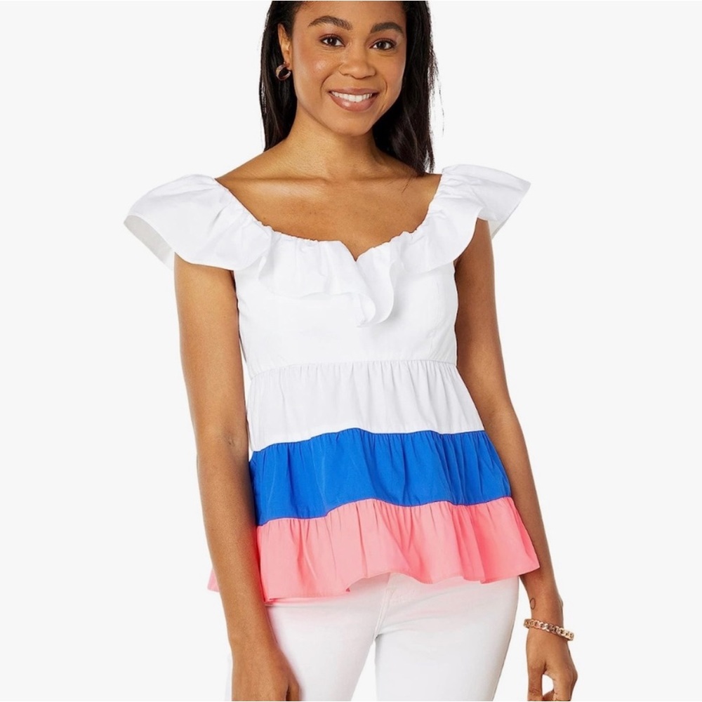 Lilly Pulitzer Emie Ruffle Top, Resort White Borealis Blue, 00